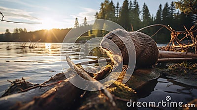 A beaver working on building a dam with found wood on a lake, natural habitat Stock Photo