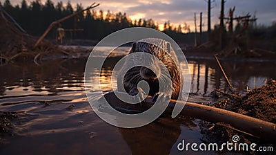 A beaver working on building a dam with found wood on a lake, natural habitat Stock Photo
