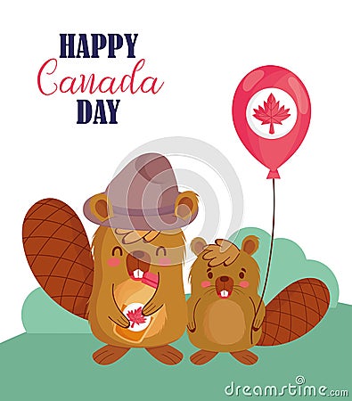 Beavers with canadian balloon vector design Vector Illustration