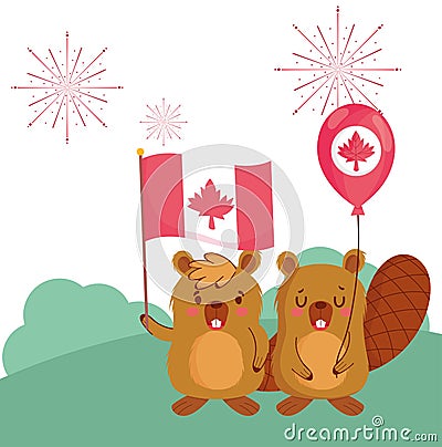 Beavers with canadian flag and balloon vector design Vector Illustration
