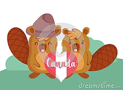 Beavers with canadian heart vector design Vector Illustration