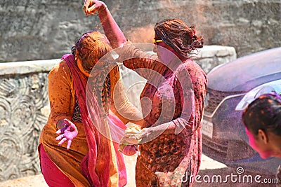 Women Celebrate Holi Festival Amid Pandemic In Rajasthan, India Editorial Stock Photo