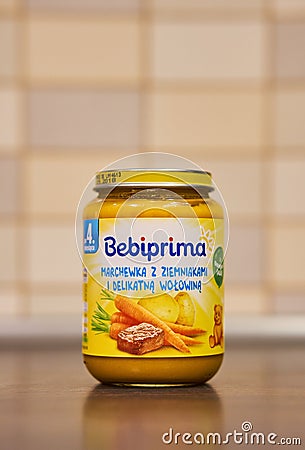 Bebiprima baby food in a glass ja Editorial Stock Photo