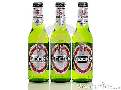 Beck`s glass bottle beer Editorial Stock Photo