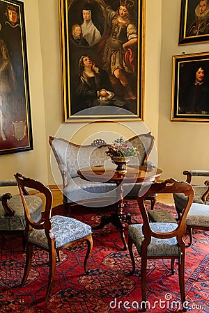 Becov nad Teplou, Bohemia, Czech Republic, 14 August 2021: chateau and castle representative interior with baroque furniture, sofa Editorial Stock Photo