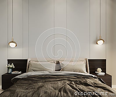 Bed in the bedroom with grey pillows and lamps empty interior wall mockup Stock Photo