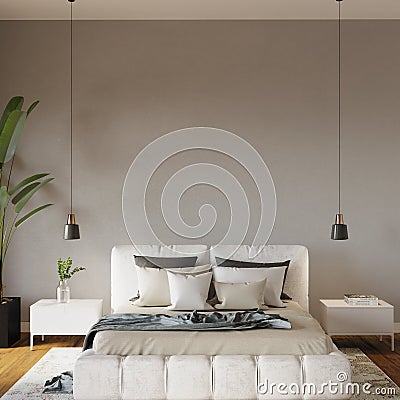 Bed in the bedroom with lamps pillows and bedspread in front of the grey wall interior wall mockup Stock Photo