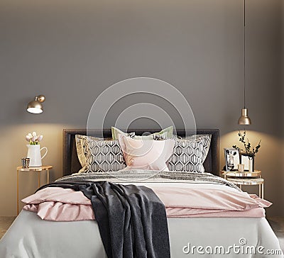 Bed in the bedroom with soft pillows and lamps wall mockup Stock Photo