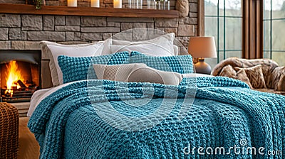 Bed with blue and white pillows and bedspreads. Interior design of a modern bedroom Stock Photo