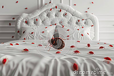 Bed Bugs Invasion, Room Infested with Bedbugs, Luxury Big Bed with Red Bedbugs Photo Stock Photo