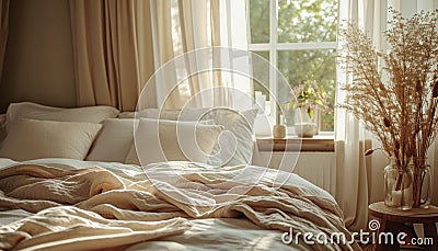 the bed is in a calm and neutral color, in the style of poetic and atmospheric style Stock Photo