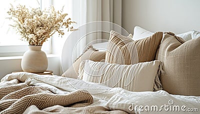 the bed is in a calm and neutral color, in the style of poetic and atmospheric style Stock Photo