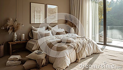 the bed is in a calm and neutral color, in the style of poetic and atmospheric style Stock Photo