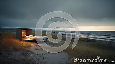 Bed with cozy light on the beach near the ocean. Coastline with sand dunes. Generative AI Stock Photo