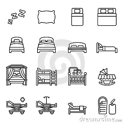 Bed icons set. Bedroom furniture, mattress and relax service. Line style stock vector. Vector Illustration