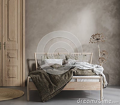 Bed with linen bedding, dry plant and wooden door in bedroom, room in natural tones Stock Photo