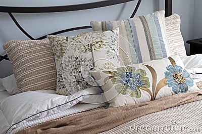 Bed Linens and Throw Pillows for Spring Stock Photo