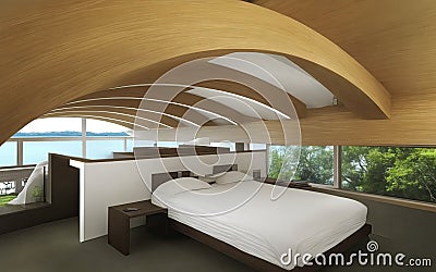 Bed in a minimalist room with panoramic windows. On the ceiling, the wooden design is perfectly curved, with large glass windows Stock Photo