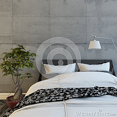 Bed In Modern Concrete Room Stock Photo