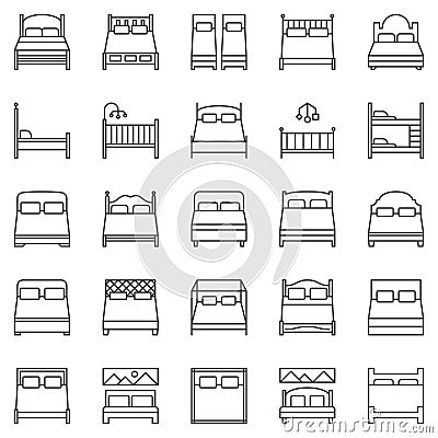 Bed outline icons set - vector Double and Single Beds signs Vector Illustration