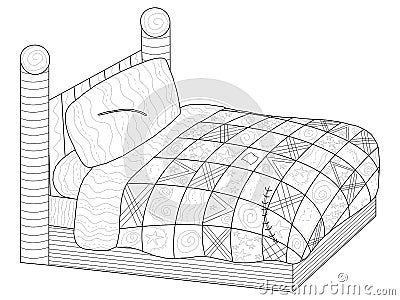 Bed with a patchwork quilt Coloring book vector for adults Vector Illustration