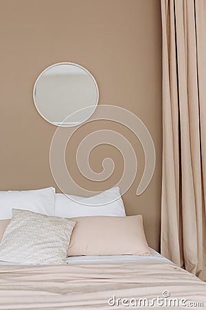 Bed pillow curtain interior textile apartment comfortable Stock Photo