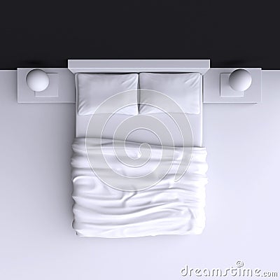Bed with pillows and a blanket in the corner room, 3d illustration. Cartoon Illustration
