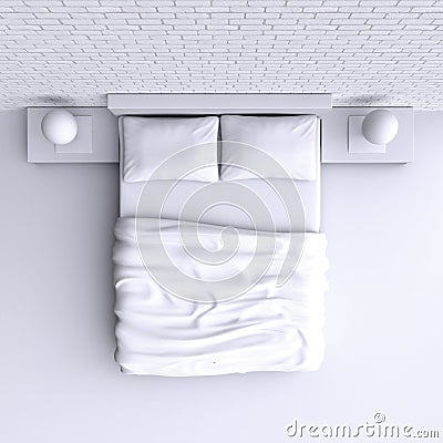 Bed with pillows and a blanket in the corner room, 3d illustration. Cartoon Illustration