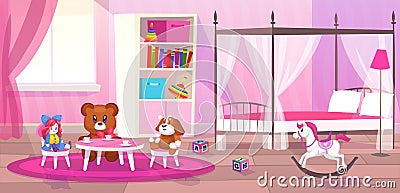 Bed room girl. Child bedroom interior girls apartment toys girly storage decor furniture kid playroom flat cartoon Vector Illustration