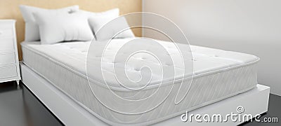 Bed and single mattress white color in a bedroom, comfort sleep concept. 3d render Stock Photo