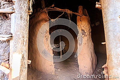 Bed in traditional, tribal hut of Kenyan people Stock Photo
