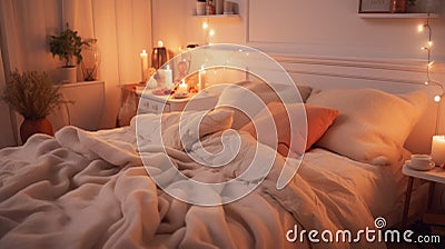 A bed with a white comforter and a lamp, AI Stock Photo