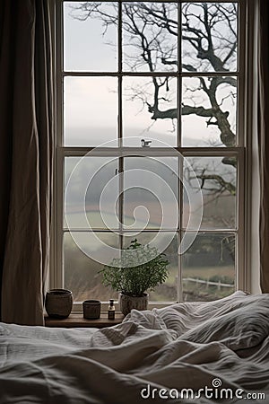 Bed With White Comforter and Window Stock Photo