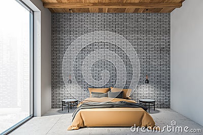 Bed in wooden grey brick living room Stock Photo