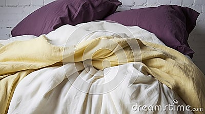 a bed with a yellow and purple comforter and a brick wall in the background with a white brick wall and a white brick wall Stock Photo