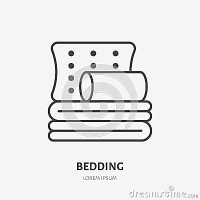 Bedding, bedroom decorations flat line icon. Vector illustration of pillows and blanket. Thin linear logo for interior Vector Illustration