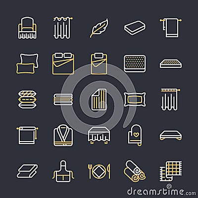 Bedding flat line icons. Orthopedics mattresses, bedroom linen, pillows, sheets set, blanket and duvet illustrations Vector Illustration