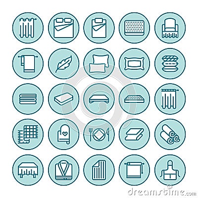 Bedding flat line icons. Orthopedics mattresses, bedroom linen, pillows, sheets set, blanket and duvet illustrations Vector Illustration