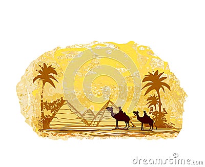 Bedouin camel caravan in wild africa landscape Vector Illustration