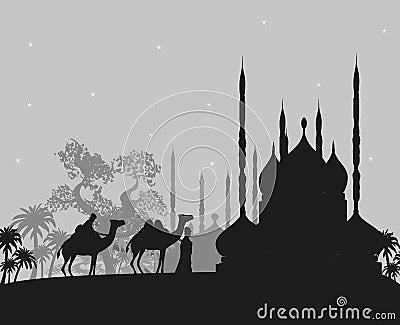 Bedouin camel caravan in wild africa landscape illustration Vector Illustration