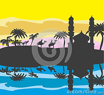 Bedouin camel caravan in wild africa landscape Vector Illustration