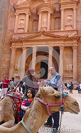 Bedouin camel in front of the ancient Treasury in Petra, Jordan Editorial Stock Photo