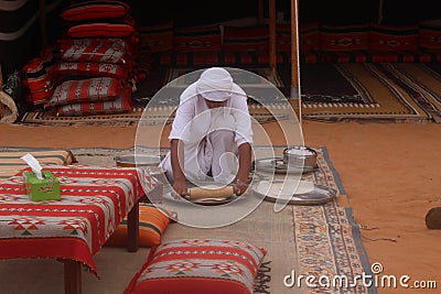 Bedouin Prepare Bread at a Desert Camp in Wahiba Sands in Oman Editorial Stock Photo
