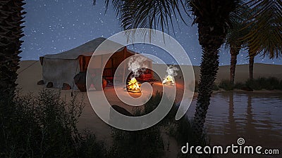 Bedouin tent in an oasis in the desert at night with stars in the sky. 3D illustration Stock Photo