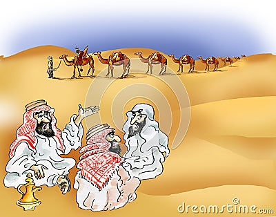 Bedouins and camel caravan in desert Cartoon Illustration