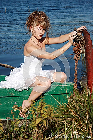 Bedridden bride in the boat Stock Photo