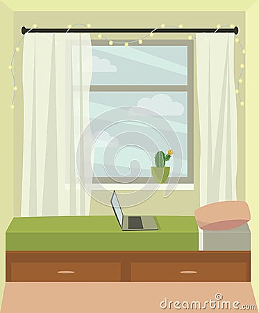 Interior of a cozy bedroom with a large window. Girl`s room, teenager`s room, student`s room. Cartoon Illustration