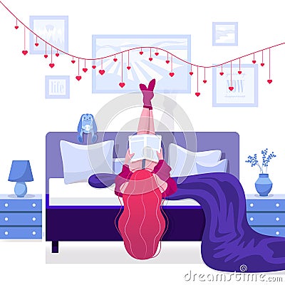 Illustration of a girl who lies on the bed and reads a book. Vector Vector Illustration