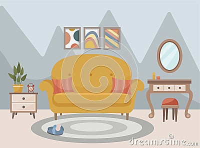 Bedroom interior sofa bed, bedside table, mirror, alarm clock, flowers, chandelier. Vector Illustration