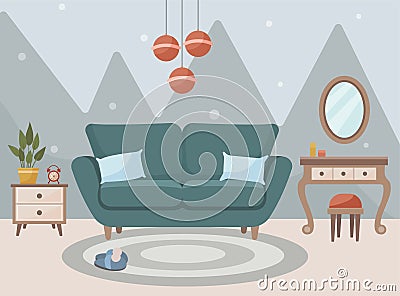 Bedroom interior sofa bed, bedside table, mirror, alarm clock, flowers, chandelier. Vector flat illustration. Vector Illustration